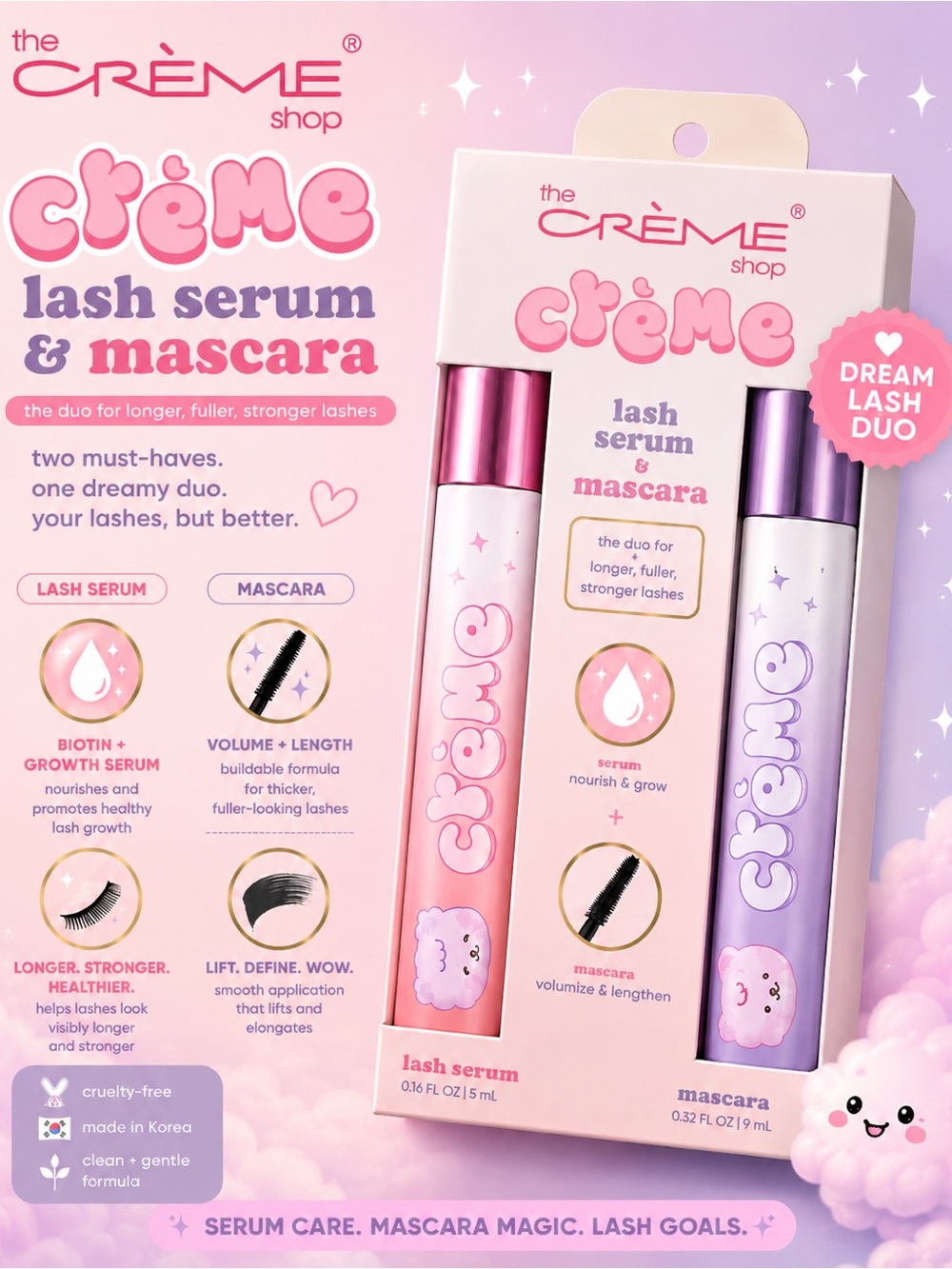 The Crème Shop Lash Serum & Mascara Duo – K-Beauty Lash Set – New